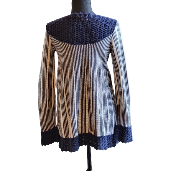 ANTHROPOLOGIE SPARROW SZ S Blue & Ivory Striped Cardigan Sweater Crochet Trim - Picture 4 of 10